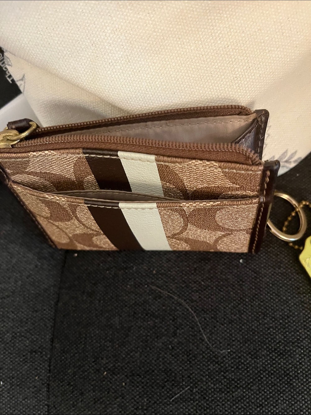 Coach Mini Card Case in Brown Signature Canvas with Cream & Dark Brown Stripe - Picture 3 of 3